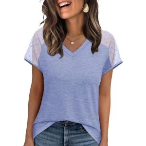 imageWIHOLL Summer Tops for Women V Neck TShirts Swiss Dot Short Sleeve Shirts Casual Fashion Blouses2light Blue