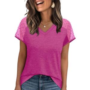 imageWIHOLL Summer Tops for Women V Neck TShirts Swiss Dot Short Sleeve Shirts Casual Fashion Blouses2pink