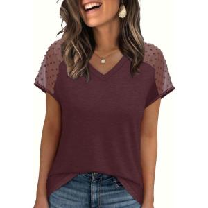 imageWIHOLL Summer Tops for Women V Neck TShirts Swiss Dot Short Sleeve Shirts Casual Fashion Blouses2wine Red