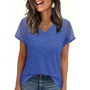 imageWIHOLL Summer Tops for Women V Neck TShirts Swiss Dot Short Sleeve Shirts Casual Fashion BlousesBlue