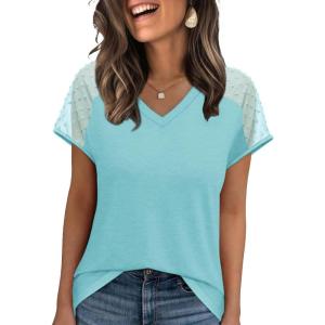 imageWIHOLL Summer Tops for Women V Neck TShirts Swiss Dot Short Sleeve Shirts Casual Fashion BlousesLake Green