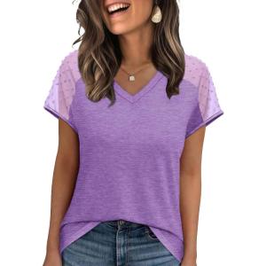imageWIHOLL Summer Tops for Women V Neck TShirts Swiss Dot Short Sleeve Shirts Casual Fashion BlousesLilac