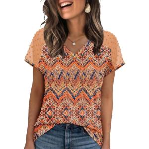 imageWIHOLL Summer Tops for Women V Neck TShirts Swiss Dot Short Sleeve Shirts Casual Fashion BlousesRbohemia Print