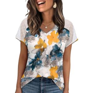 imageWIHOLL Summer Tops for Women V Neck TShirts Swiss Dot Short Sleeve Shirts Casual Fashion BlousesRink Flower