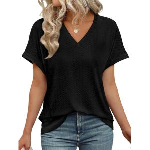 imageWIHOLL Womens Tops Short Sleeve Basic Summer V Neck T Shirts Dressy Casual Loose Fit Eyelet Tees Cute Flowy Fashion OutfitsA Black