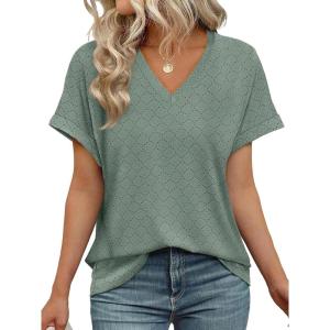 imageWIHOLL Womens Tops Short Sleeve Basic Summer V Neck T Shirts Dressy Casual Loose Fit Eyelet Tees Cute Flowy Fashion OutfitsA Green
