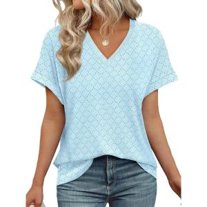 imageWIHOLL Womens Tops Short Sleeve Basic Summer V Neck T Shirts Dressy Casual Loose Fit Eyelet Tees Cute Flowy Fashion OutfitsBaby Blue