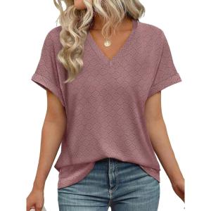 imageWIHOLL Womens Tops Short Sleeve Basic Summer V Neck T Shirts Dressy Casual Loose Fit Eyelet Tees Cute Flowy Fashion OutfitsDusty Pink