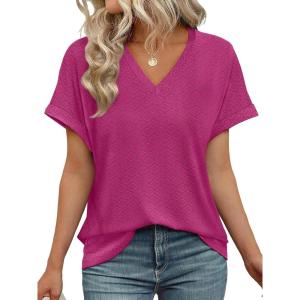 imageWIHOLL Womens Tops Short Sleeve Basic Summer V Neck T Shirts Dressy Casual Loose Fit Eyelet Tees Cute Flowy Fashion OutfitsHot Pink