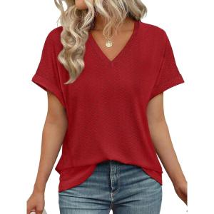 imageWIHOLL Womens Tops Short Sleeve Basic Summer V Neck T Shirts Dressy Casual Loose Fit Eyelet Tees Cute Flowy Fashion OutfitsRed