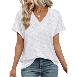imageWIHOLL Womens Tops Short Sleeve Basic Summer V Neck T Shirts Dressy Casual Loose Fit Eyelet Tees Cute Flowy Fashion OutfitsWhite