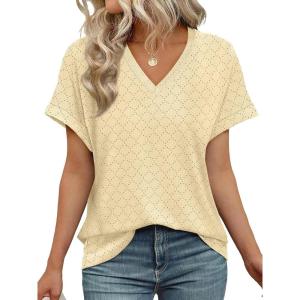 imageWIHOLL Womens Tops Short Sleeve Basic Summer V Neck T Shirts Dressy Casual Loose Fit Eyelet Tees Cute Flowy Fashion OutfitsYellow