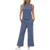 imageWIHOLL Two Piece Sets for Women Summer Vacation Travel Outfits Pleated Tank Top Wide Leg Crop Pants Matching Lounge SetsBlue
