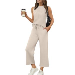 imageWIHOLL Two Piece Sets for Women Summer Vacation Travel Outfits Pleated Tank Top Wide Leg Crop Pants Matching Lounge SetsApricot