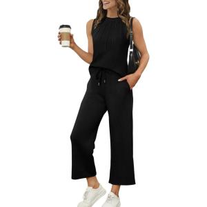 imageWIHOLL Two Piece Sets for Women Summer Vacation Travel Outfits Pleated Tank Top Wide Leg Crop Pants Matching Lounge SetsBlack