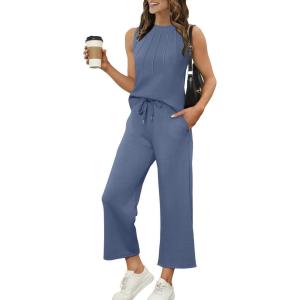 imageWIHOLL Two Piece Sets for Women Summer Vacation Travel Outfits Pleated Tank Top Wide Leg Crop Pants Matching Lounge SetsBlue