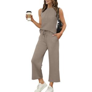 imageWIHOLL Two Piece Sets for Women Summer Vacation Travel Outfits Pleated Tank Top Wide Leg Crop Pants Matching Lounge SetsCoffee