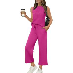 imageWIHOLL Two Piece Sets for Women Summer Vacation Travel Outfits Pleated Tank Top Wide Leg Crop Pants Matching Lounge SetsHot Pink