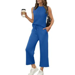 imageWIHOLL Two Piece Sets for Women Summer Vacation Travel Outfits Pleated Tank Top Wide Leg Crop Pants Matching Lounge SetsRoyal Blue