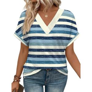imageWIHOLL Womens Summer Tops Short Dolman Sleeve Shirts 2025 Fashion V Neck Outfits Clothes2striped  Blue