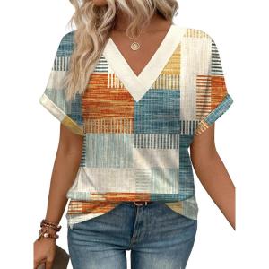 imageWIHOLL Womens Summer Tops Short Dolman Sleeve Shirts 2025 Fashion V Neck Outfits Clothes3plaid