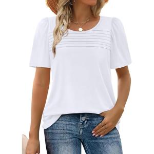 imageWIHOLL Womens Summer Tops Short Puff Sleeve Shirts 2025 Pleated Neck Outfits Clothing Blouses0white