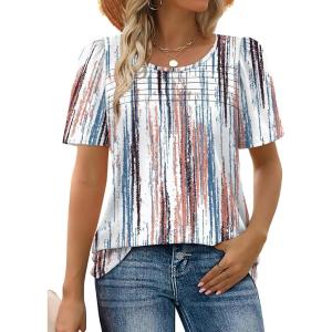 imageWIHOLL Womens Summer Tops Short Puff Sleeve Shirts 2025 Pleated Neck Outfits Clothing Blouses1dye Tie
