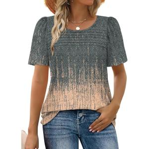 imageWIHOLL Womens Summer Tops Short Puff Sleeve Shirts 2025 Pleated Neck Outfits Clothing Blouses1grey Pink