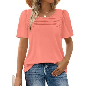 imageWIHOLL Womens Summer Tops Short Puff Sleeve Shirts 2025 Pleated Neck Outfits Clothing BlousesCoral