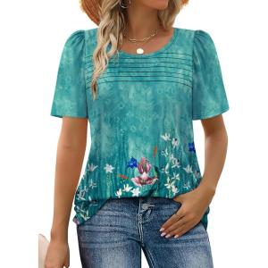 imageWIHOLL Womens Summer Tops Short Puff Sleeve Shirts 2025 Pleated Neck Outfits Clothing BlousesGreen Floral
