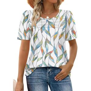 imageWIHOLL Womens Summer Tops Short Puff Sleeve Shirts 2025 Pleated Neck Outfits Clothing BlousesWhite Floral
