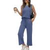 imageWIHOLL Two Piece Set for Women Summer Outfits Vacation Lounge Sets Round Neck Matching Sets Wide Leg Crop PantsBlue