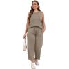 imageWIHOLL Two Piece Set for Women Summer Outfits Vacation Lounge Sets Round Neck Matching Sets Wide Leg Crop PantsCoffee