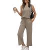 imageWIHOLL Two Piece Set for Women Summer Outfits Vacation Lounge Sets Round Neck Matching Sets Wide Leg Crop PantsCoffee