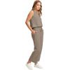 imageWIHOLL Two Piece Set for Women Summer Outfits Vacation Lounge Sets Round Neck Matching Sets Wide Leg Crop PantsCoffee