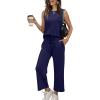 imageWIHOLL Two Piece Set for Women Summer Outfits Vacation Lounge Sets Round Neck Matching Sets Wide Leg Crop PantsNavy