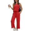 imageWIHOLL Two Piece Set for Women Summer Outfits Vacation Lounge Sets Round Neck Matching Sets Wide Leg Crop PantsRed