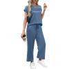 imageWIHOLL Two Piece Sets for Women Summer Travel Vacation Outfits Cap Sleeve Lounge Matching Sets Wide Leg Pants S3XLBlue