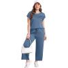 imageWIHOLL Two Piece Sets for Women Summer Travel Vacation Outfits Cap Sleeve Lounge Matching Sets Wide Leg Pants S3XLBlue
