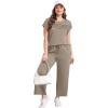 imageWIHOLL Two Piece Sets for Women Summer Travel Vacation Outfits Cap Sleeve Lounge Matching Sets Wide Leg Pants S3XLCoffee