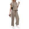 imageWIHOLL Two Piece Sets for Women Summer Travel Vacation Outfits Cap Sleeve Lounge Matching Sets Wide Leg Pants S3XLCoffee
