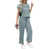 imageWIHOLL Two Piece Sets for Women Summer Travel Vacation Outfits Cap Sleeve Lounge Matching Sets Wide Leg Pants S3XLLake Blue
