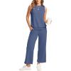 imageWIHOLL Two Piece Set for Women Summer Outfits Vacation Lounge Sets Round Neck Matching Sets Wide Leg Crop PantsBlue