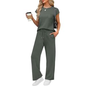 imageWIHOLL 2 Piece Sets for Women Casual Summer Travel Vacation Outfits Cap Sleeve Lounge SetRock Green