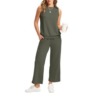 imageWIHOLL Two Piece Set for Women Summer Outfits Vacation Lounge Sets Round Neck Matching Sets Wide Leg Crop PantsAmy