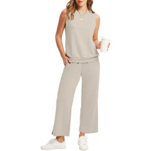 imageWIHOLL Two Piece Set for Women Summer Outfits Vacation Lounge Sets Round Neck Matching Sets Wide Leg Crop PantsBeige