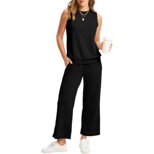 imageWIHOLL Two Piece Set for Women Summer Outfits Vacation Lounge Sets Round Neck Matching Sets Wide Leg Crop PantsBlack