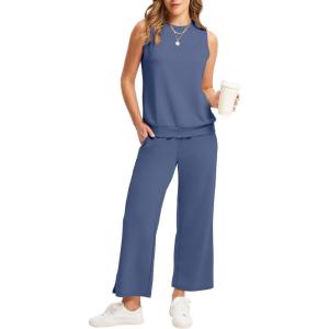 imageWIHOLL Two Piece Set for Women Summer Outfits Vacation Lounge Sets Round Neck Matching Sets Wide Leg Crop PantsBlue