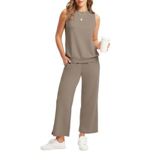 imageWIHOLL Two Piece Set for Women Summer Outfits Vacation Lounge Sets Round Neck Matching Sets Wide Leg Crop PantsCoffee