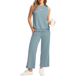 imageWIHOLL Two Piece Set for Women Summer Outfits Vacation Lounge Sets Round Neck Matching Sets Wide Leg Crop PantsLight Blue